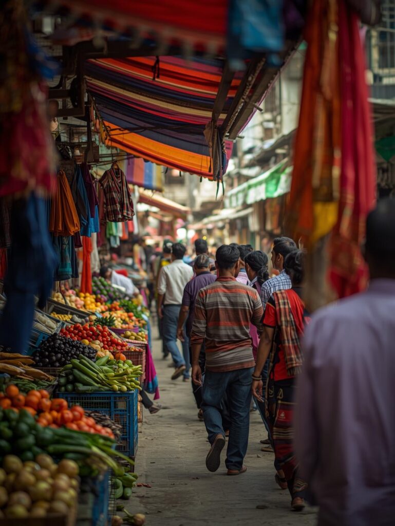 a busy indian street market scene in guwahati, vibrant and colorful. people walking, shops with colorful awnings, fresh vegetables and clothes on display. depth of field with the background slightly