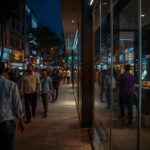 a busy view of gs road in guwahati during the evening. brightly lit shop fronts of jewelry and clothing brands are visible. people are walking on the sidewalk. a 'we are hiring' sign is visible in t