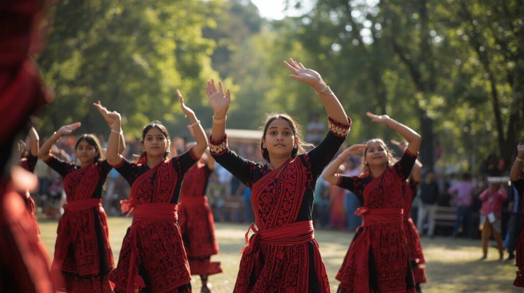 a candid, eye level photograph of a group of young women performing a traditional folk dance outdoors in guwahati. they are wearing red and black woven traditional mising dresses. they have thei (1)