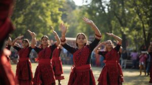 a candid, eye level photograph of a group of young women performing a traditional folk dance outdoors in guwahati. they are wearing red and black woven traditional mising dresses. they have thei (1)