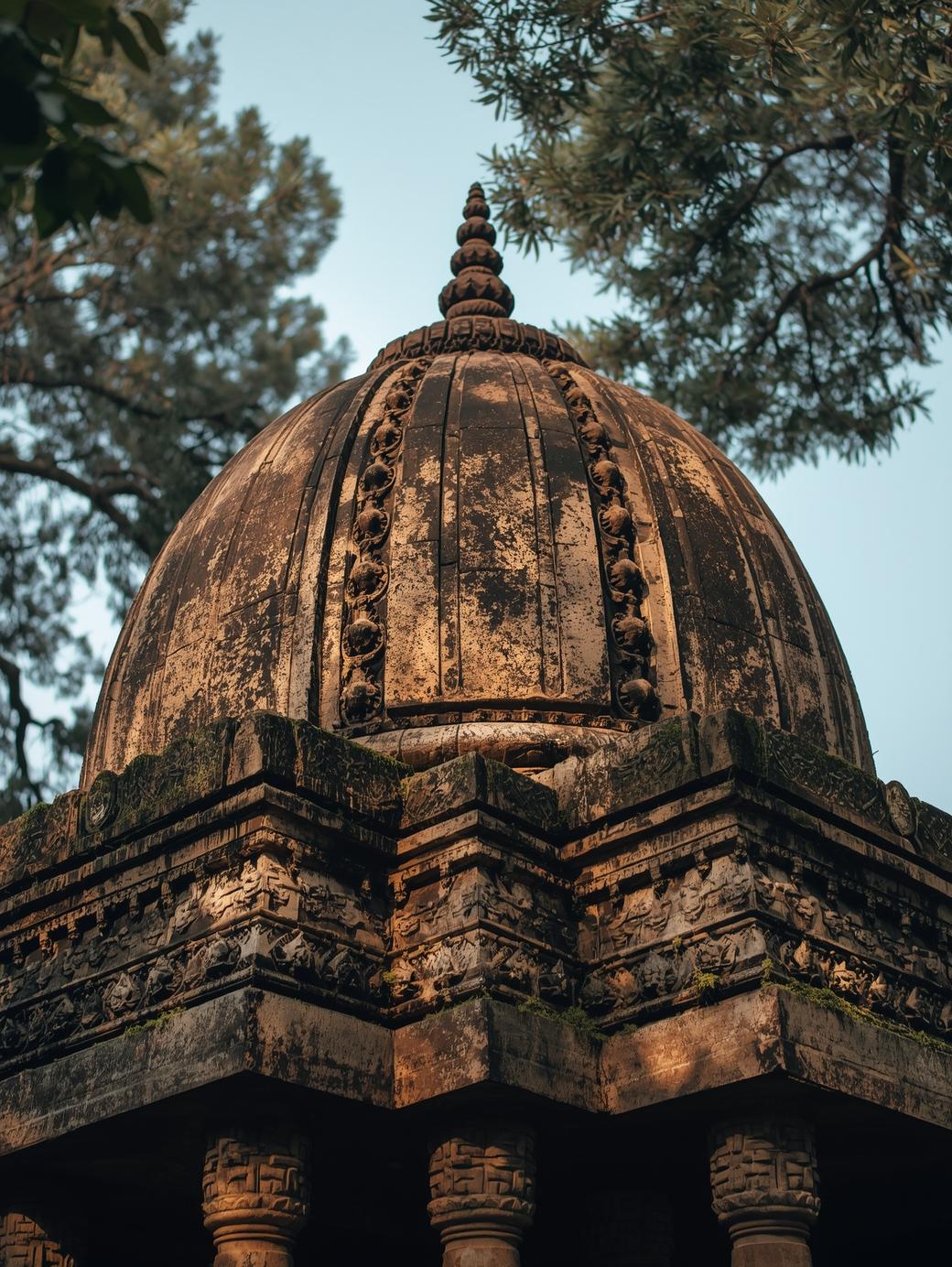 a close up architectural photograph of an ancient stone temple dome in assam with intricate carvings. soft morning sunlight filtering through trees, creating shadows on the stone. realistic texture,