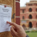 a close up shot of a notice board on a university campus wall. a white paper list titled 'provisional merit list' is pinned to it. a student's hand is pointing at a name on the list. the background