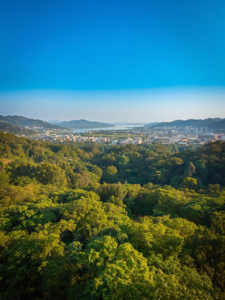 a high angle drone shot looking down over guwahati city nestled between lush green hills. dense green trees in the foreground, city buildings in the mid ground, and the river in the distance. clear