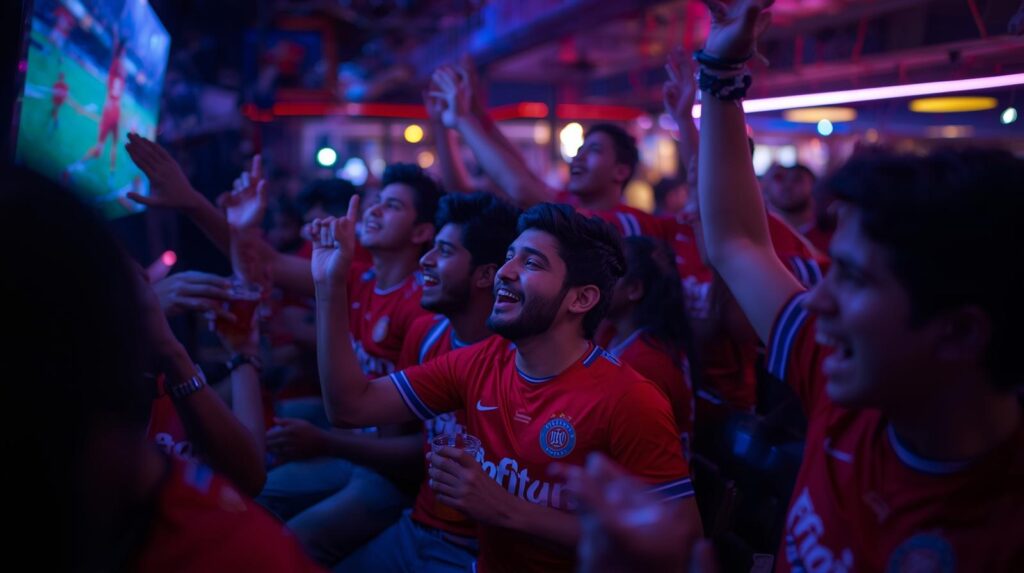 a lively indoor shot of a sports cafe in guwahati. a crowd of young fans wearing red football jerseys are cheering and looking at a large tv screen (screen is out of focus). some are holding drinks