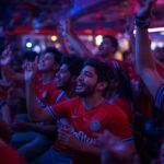 a lively indoor shot of a sports cafe in guwahati. a crowd of young fans wearing red football jerseys are cheering and looking at a large tv screen (screen is out of focus). some are holding drinks
