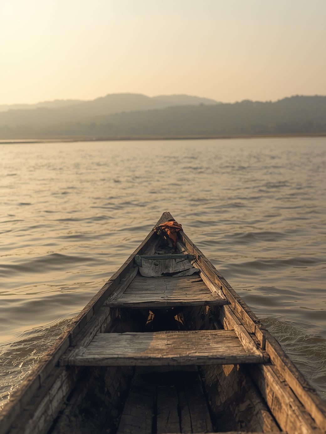 a realistic documentary style shot of a wooden ferry boat floating on the wide brahmaputra river in the afternoon. the water is calm and muddy brown, typical of a river. in the background, a hazy ou
