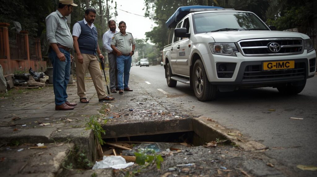 a realistic news photo of guwahati municipal corporation (gmc) officials standing next to a concrete roadside drain in an indian city. they are inspecting the drain which has some garbage blockage.