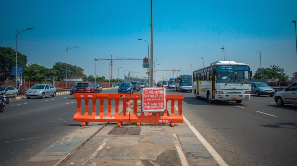 a realistic street level photograph of the chandmari flyover in guwahati during the day. orange traffic barricades blocking one lane, with a 'work in progress' sign. heavy traffic of cars and city b