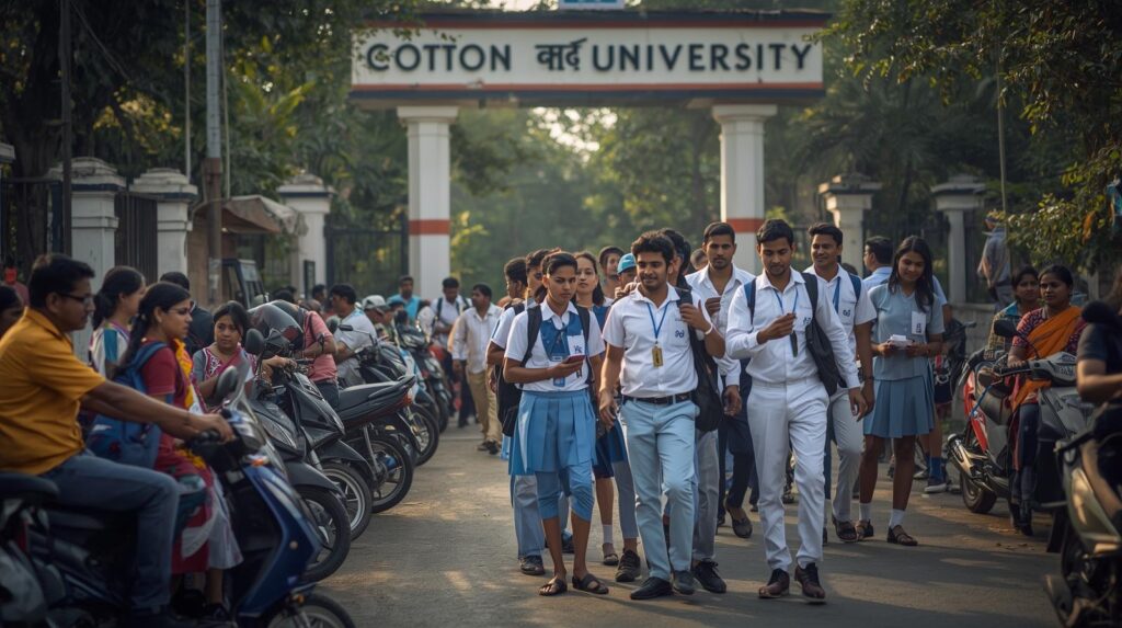 a realistic street shot of students in school uniforms (white and sky blue) walking out of cotton university in guwahati after an exam. some are discussing question papers, others are on their phone