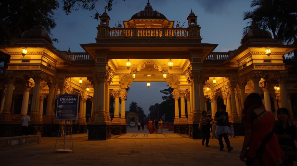 a realistic view of the srimanta sankaradeva kalakshetra entrance gate in guwahati during the evening. warm yellow lights illuminate the traditional assamese architecture. a poster on a stand ne (1)