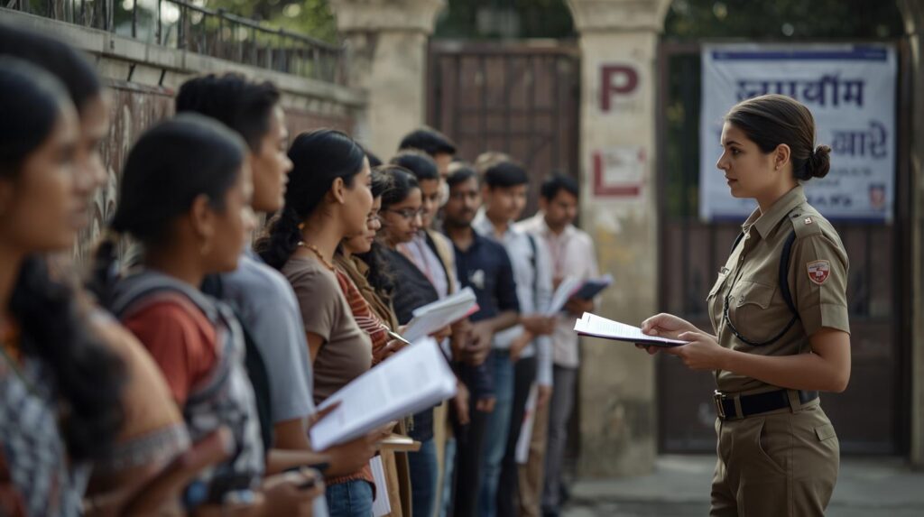 a realistic view of young candidates lining up for document verification outside an assam police recruitment center. they are holding papers and files. a police officer in khaki uniform is guidi (1)