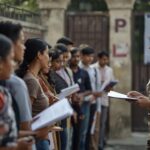 a realistic view of young candidates lining up for document verification outside an assam police recruitment center. they are holding papers and files. a police officer in khaki uniform is guidi (1)