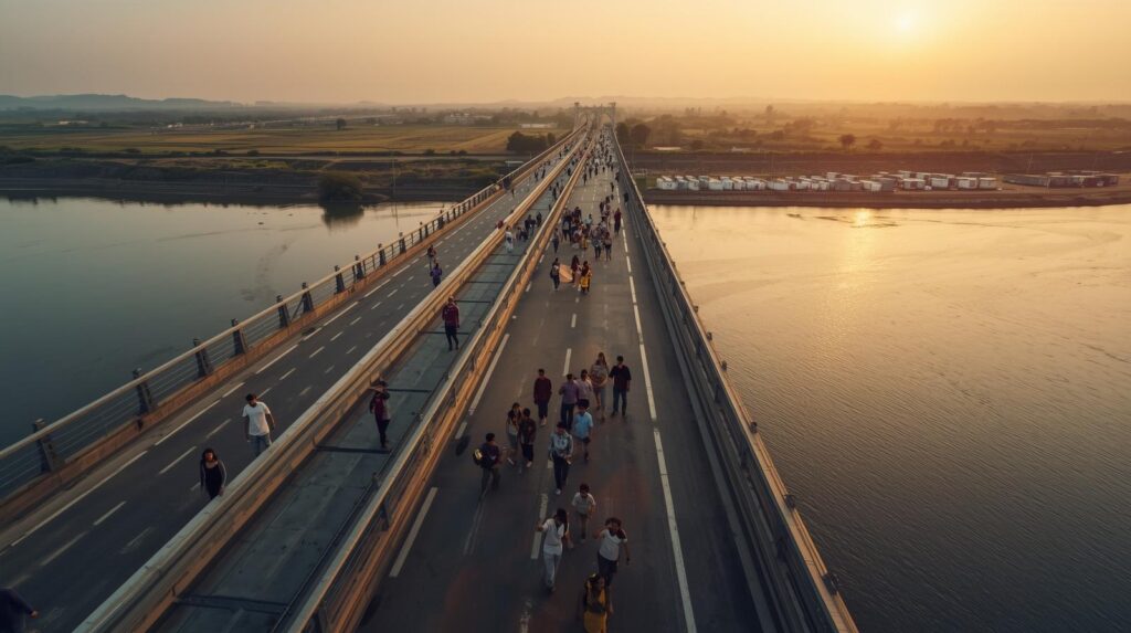 a realistic wide angle photo of a brand new, modern concrete bridge spanning a wide river. the bridge is empty of cars but filled with happy people walking, taking selfies, and looking at the sunset