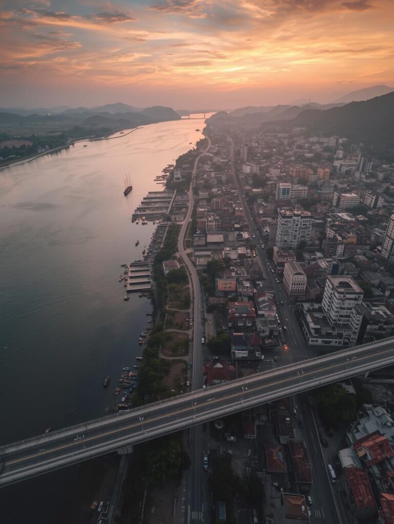 a sweeping, photorealistic drone shot of guwahati city during golden hour. the wide, majestic brahmaputra river flows on one side, reflecting the warm orange and pink hues of the sunset. on the other