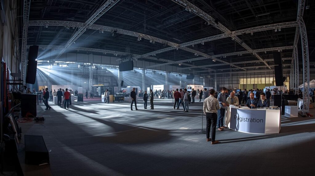 a wide angle interior shot of the maniram dewan trade centre in guwahati being set up for an expo. workers are assembling stage lights and sound equipment. a 'registration' desk is visible in the fo