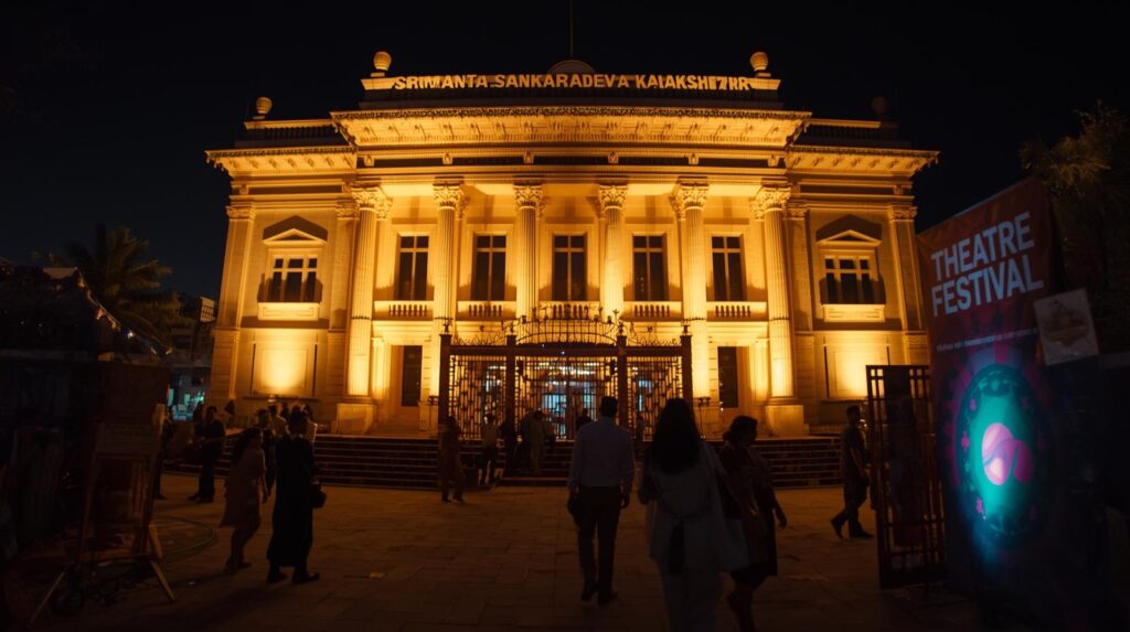 a wide exterior photograph of the srimanta sankaradeva kalakshetra auditorium in guwahati, decorated with lights for an evening cultural festival. people are walking towards the entrance. a bann (1)