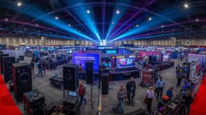 a wide interior shot of a large exhibition hall in guwahati. there are booths displaying large speakers, colorful stage lights, and dj equipment. people are walking around, testing the equipment. be